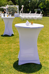 Special event decorated area and white furniture on the green grass sunny outside background