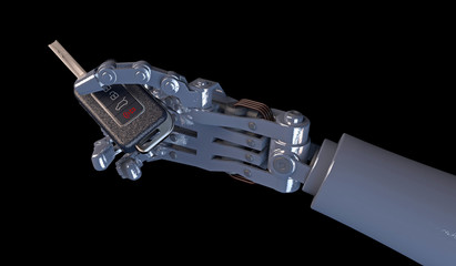 3D illustration of a robotic hand holding a modern car key fob. Futuristic vehicle driver assist concept.
