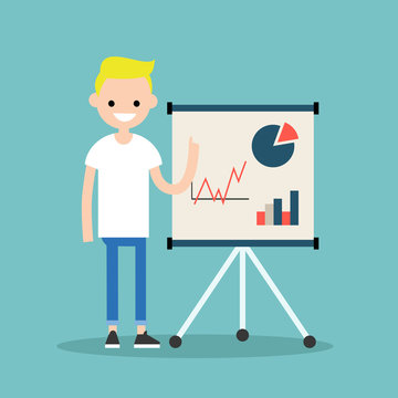 Young blond boy presenting the results of his research / flat editable vector illustration