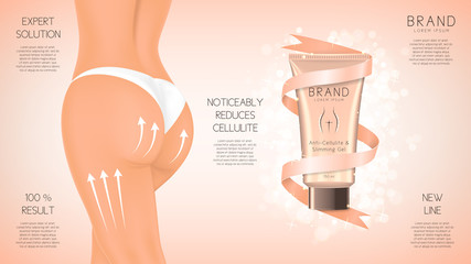 Design of web banner with anti-cellulite cream in tube. Advertising of means for care of body skin for women. Concept of cosmetic cream. Vector illustration. - obrazy, fototapety, plakaty