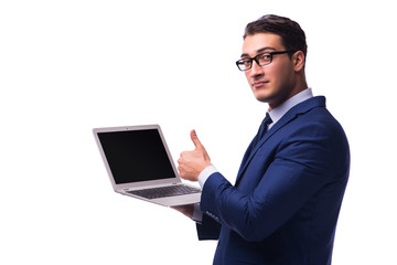 Businessman with laptop isolated on white