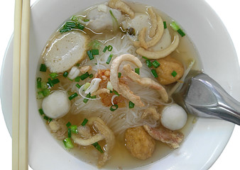 noodle with fish meat ball white background