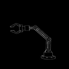 Robotic arm. Isolated on black background. Sketch illustration.