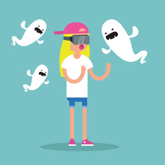 Millennial girl surrounded by virtual ghosts / flat editable vector illustration, clip art