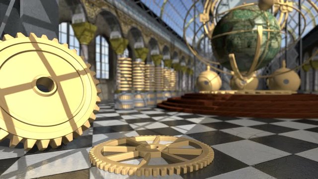 Animated mechanical devices in victorian interior. 3D rendering. 4K
