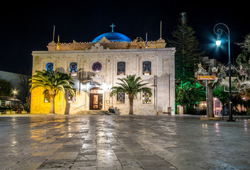 The Ottoman Vezir Mosque, that nowadays became the basilica of St Titus in the evening lights, Heraklion, Crete, Greece