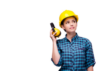 Young woman in industrial concept isolated on white