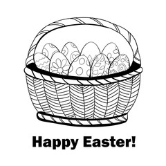 Basket full of Easter eggs, decorated with various floral and geometrical patterns.