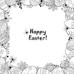 Frame made of Easter eggs and doodled flowers, leaves and bugs. Template design with lettering.
