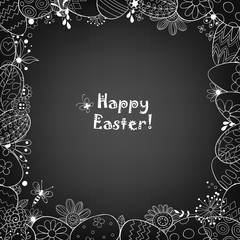 Frame made of Easter eggs and doodled flowers, leaves and bugs. Template design with lettering.