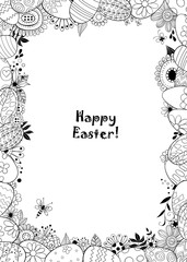 Frame made of Easter eggs and doodled flowers, leaves and bugs. Template design with lettering.