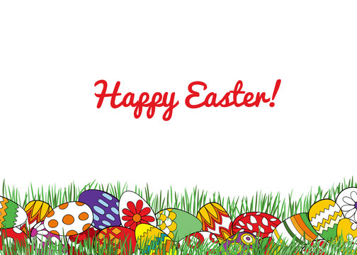 Border made with Easter eggs in the grass. Template design on white background with lettering.