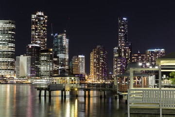 Brisbane City nightcape and ferry terminal at Kangaroo Point