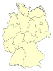 Obraz premium Yellow map of Germany with borders of the federal states isolated on white background. Vector illustration. EPS10