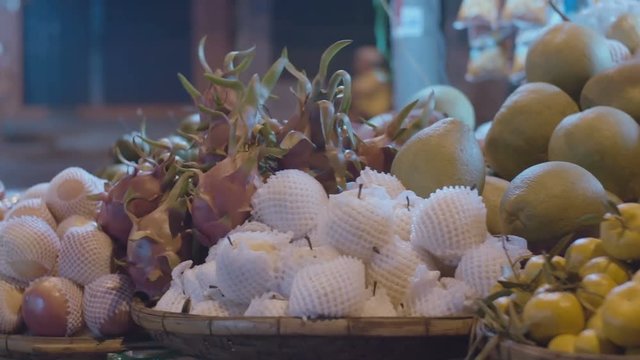 Exotic fruits on the market outdoors close-up