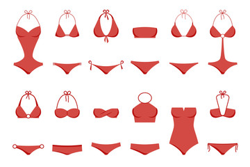 Vector illustration of women's swimsuit design set. Fashion bikini collection. Female stylish swimwear silhouettes isolated. Flat beach clothing underwear. - obrazy, fototapety, plakaty