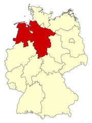Fototapeta na wymiar Yellow map of Germany with federal state Lower Saxony isolated in red. Vector illustration. EPS10