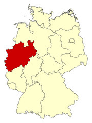 Fototapeta na wymiar Yellow map of Germany with federal state North Rhine-Westphalia isolated in red. Vector illustration. EPS10