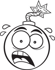 Black and white illustration of a worried bomb.