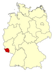 Yellow map of Germany with federal state Saarland isolated in red. Vector illustration. EPS10