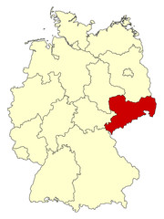 Obraz na płótnie Canvas Yellow map of Germany with federal state Saxony isolated in red. Vector illustration. EPS10