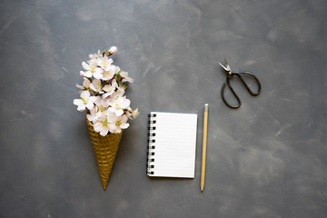 Flowers in ice cream cone with notebook on cement background