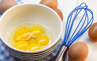 Raw eggs and whisk