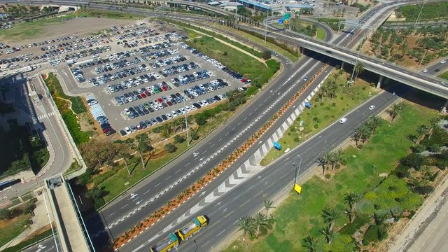 Highway interchange with traffic on all levels - Aerial view