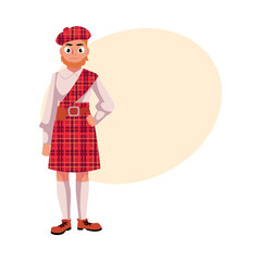 Scottish man in national clothes, red tartan beret and kilt, cartoon vector illustration with place for text. Full length portrait of Scottish man in tartan, plaid and kilt