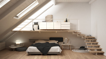 Loft mezzanine scandinavian minimalist bedroom, white classic interior design