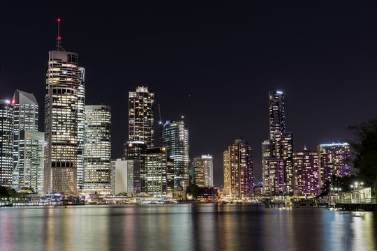 Brisbane City nightcape and Kangaroo Point ferry terminals and surrounds by night.