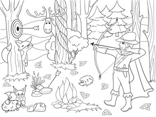 Fototapeta na wymiar Children coloring vector arrow in the forest with animals