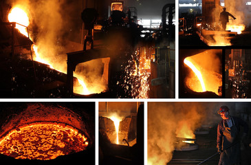 Hard work in the foundry, workers controlling iron smelting in furnaces, too hot and smoky working...