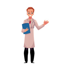Male, man doctor in white medical coat holding stethoscope and document folder with one hand raised, cartoon vector illustration isolated on white background. Full length portrait of male, man doctor
