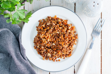 Lentils with carrots, onions and celery, top view