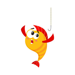Funny golden, yellow fish character with human face scared of fishing hook, cartoon vector illustration isolated on white background. Yellow fish character, mascot too smart to get caught on hook