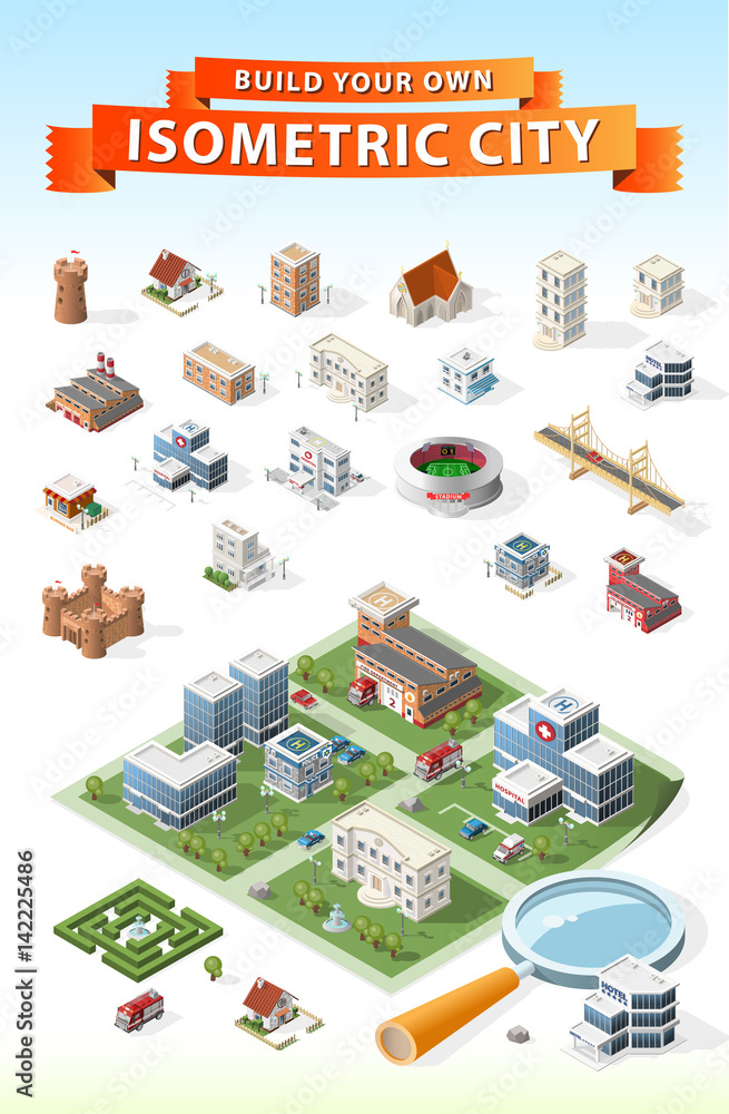 Poster build your own isometric city . isolated vector element