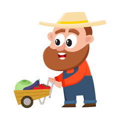 Funny farmer, gardener character in straw hat and overalls pushing barrow, handcart with vegetables, cartoon vector illustration isolated on white background. Comic farmer character, design elements