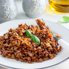 Lentil with vegetables, selective focus