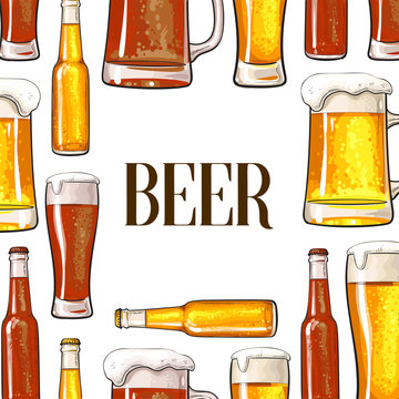 Banner of vertically and horizontally positioned beer bottles, mugs and glasses with place for text, sketch vector illustration on white background. Hand drawn beer bottle, glass, hop frame background