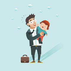 Business man with baby. Happy guy in suit taking son. Father came back home after work and take children at hands. Vector illustration in flat style