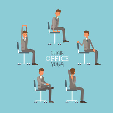 Vector illustration with office chair yoga. Businessman doing workout and stretching. Man in suit exercising on office chair. Icon set on blue background.