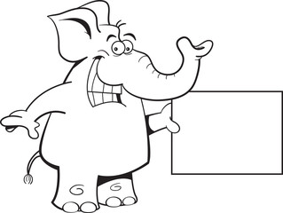 Black and white illustration of an elephant holding a sign.