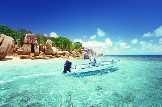 Speed Boat On The Beach Of Coco Island, Seychelles