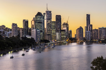 Brisbane City sunset riverside and harbour, from Kangaroo Point Cliffs