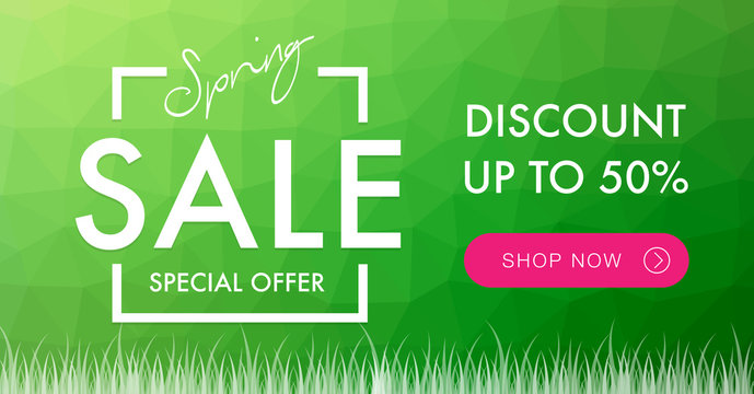 Spring Sale social network square banner with green triangles background
