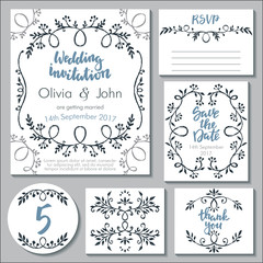 Vector wedding collection. Templates for invitation, thank you card, save the date, RSVP