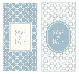 Two retro wedding invitation templates - abstract geometric patterned background and geometric frame. Monoline style. Vector illustration. Pale retro colors. Perfect for vintage wedding design.