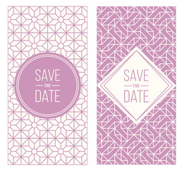 Two retro wedding invitation templates - abstract geometric patterned background and geometric frame. Monoline style. Vector illustration. Pale retro colors. Perfect for vintage wedding design.