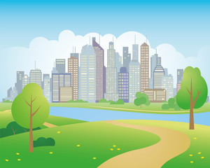 Cityscape with skyscrapers, park with river or lake in foreground vector illustration